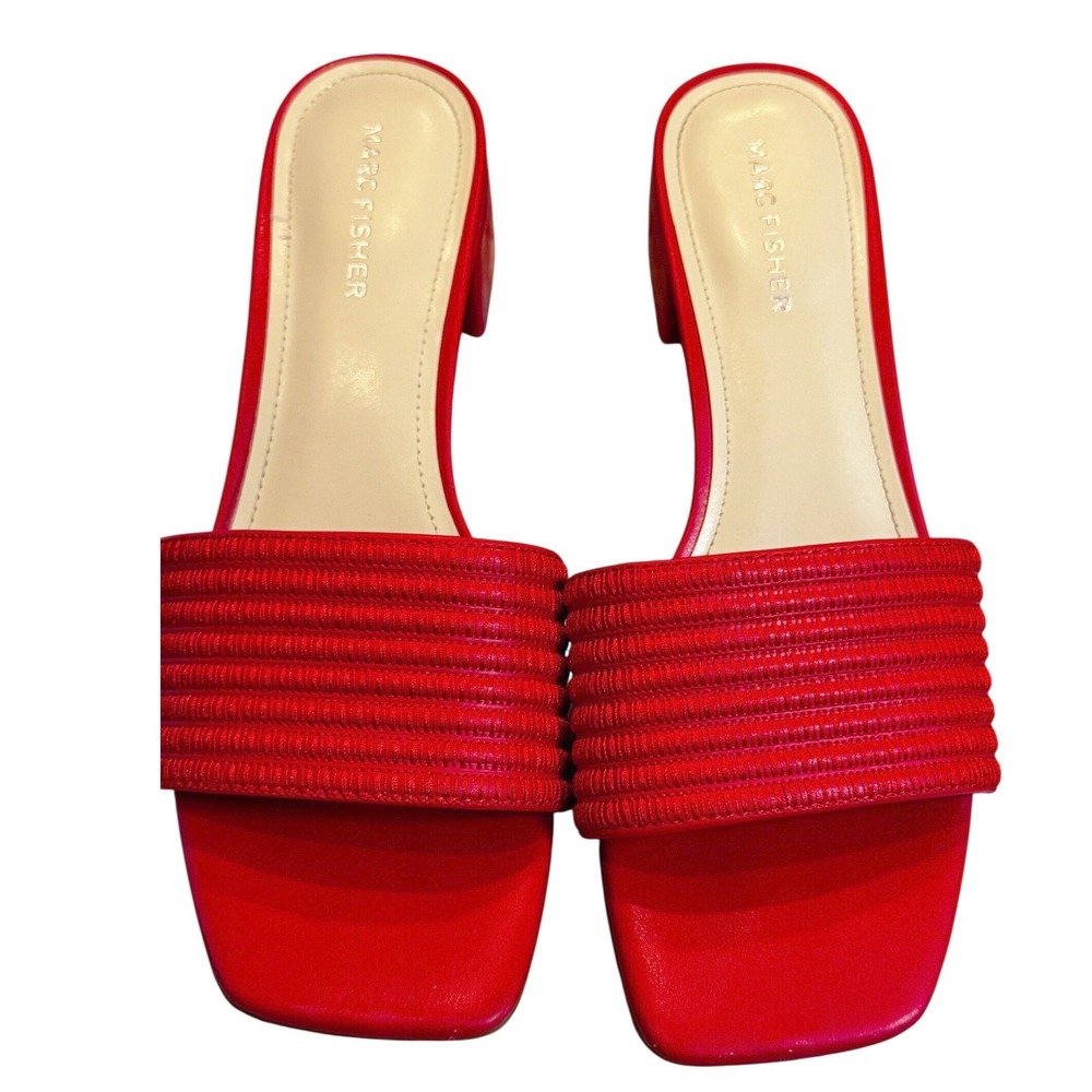 Marc Fisher Red Ribbed Strap Block Heel Square Toe Slide Sandals Mules Womens 8M